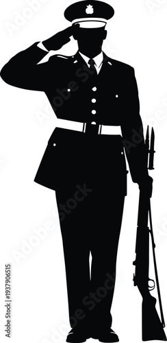 Black silhouette of a military officer in formal dress uniform saluting while holding a rifle by his side isolated on a white background
