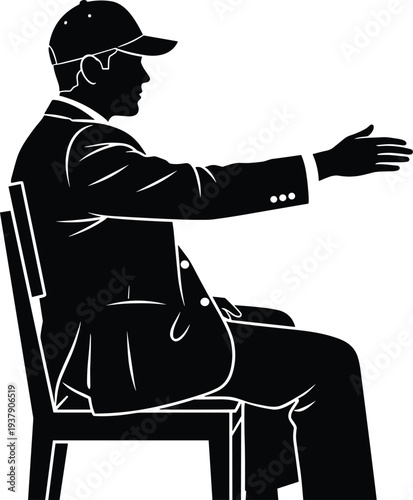 Black silhouette of a man in a suit and cap sitting on a chair with one arm outstretched in a gesturing pose isolated on a white background
