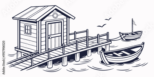 A picturesque scene of a small house by the river with various boats and a dock Vector