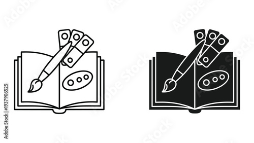 Art Supplies Icon Set: Open Book, Paintbrush, Palette and Paint Tubes - Line Art and Silhouette