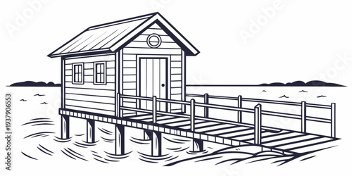 An old wooden cabin nestled in the woods with a porch and a chimney. Vector