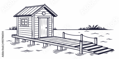 A small wooden cabin by the sea with a dock leading to the water Vector