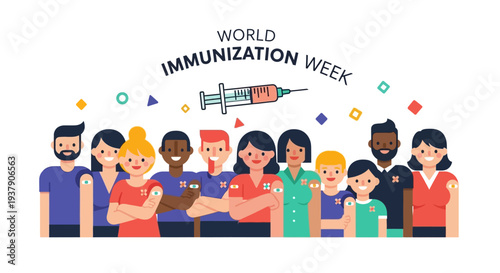 Diverse group of people celebrating World Immunization Week with a syringe illustration