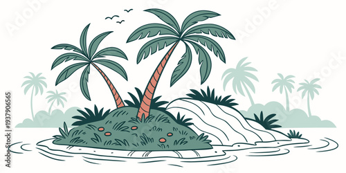 A tropical island paradise with palm trees and a small hut. Vector