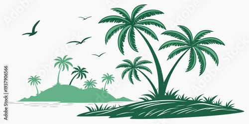 Exotic tropical island with palm trees and birds flying in the sky Vector