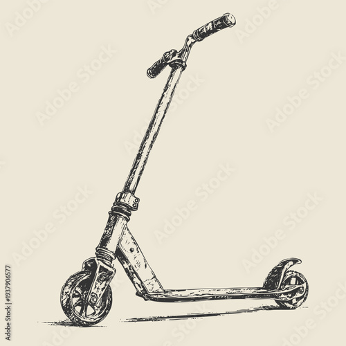 Stunt scooter detailed hand drawn illustration in urban ink sketch style featuring freestyle street sports aesthetics. Perfect for extreme sports branding, youth lifestyle graphics, scooter culture,