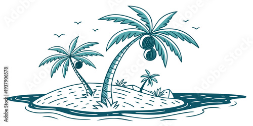 A serene tropical island with palm trees and a small boat in the foreground Vector