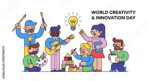 Diverse group of people celebrating World Creativity and Innovation Day with art and imagination in a vibrant illustration scene