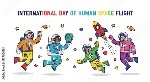 Astronauts celebrating International Day of Human Space Flight with joy and rocket launch
