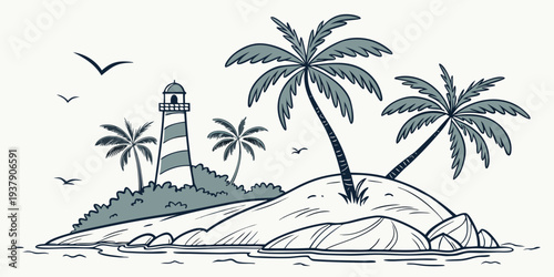 A serene tropical island with a lighthouse standing tall amidst palm trees Vector