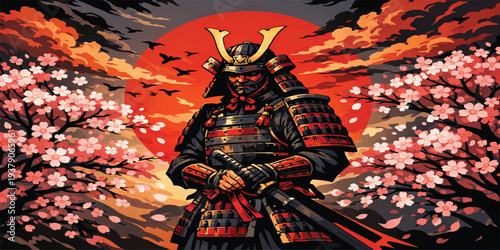 Epic Japanese Samurai Warrior in Traditional Armor with Katana Sword Against Red Rising Sun and Cherry Blossom Background.