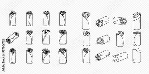 Set of outline burritos, tacos, and shawarma icons in various angles and forms, perfect for fast food menus or Mexican cuisine designs.