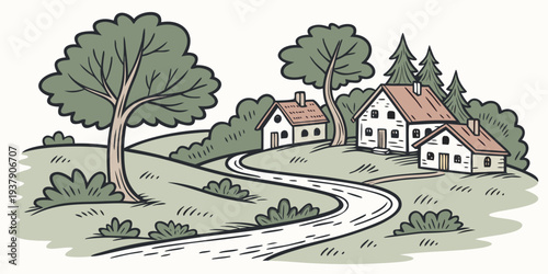 A picturesque countryside scene with a farmhouse and rolling green hills Vector