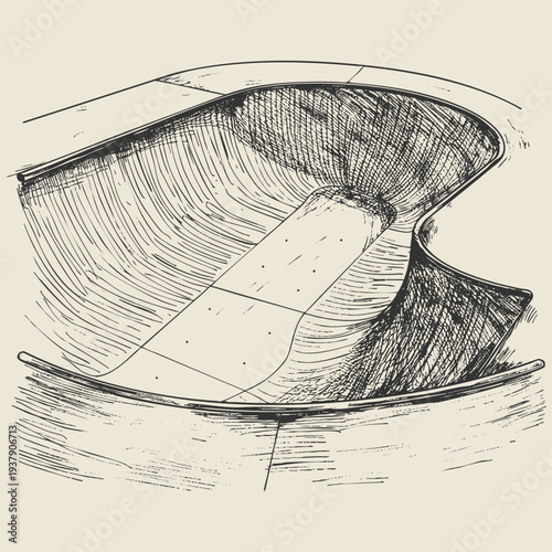 Skate park pool bowl detailed hand-drawn illustration in an urban ink sketch style featuring bold contour lines and street sports aesthetics. Perfect for skateboarding and extreme sports branding.