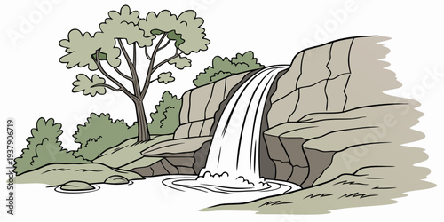 A serene landscape featuring a cascading waterfall surrounded by lush greenery Vector
