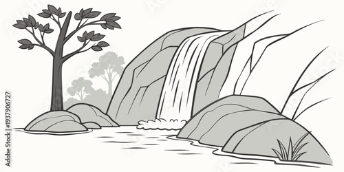 A serene landscape with trees, bushes, and rolling hills under a clear sky. Vector