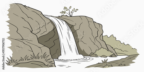 A dramatic scene of a large wave crashing against a rocky cliff. Vector