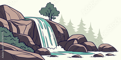 A serene waterfall cascading down a rocky cliff surrounded by lush greenery. Vector
