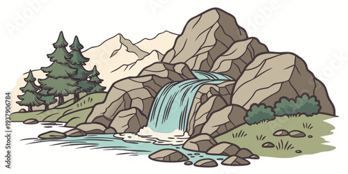 A serene mountain landscape with a cascading waterfall and lush greenery Vector