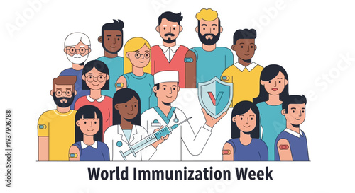 Diverse Group of People Gathered for World Immunization Week Celebration Illustration