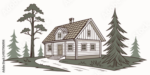 A serene winter scene of a charming house nestled among tall pine trees Vector