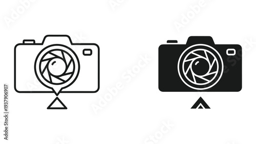Camera Icons: Line Art and Silhouette with Aperture and Location Pin