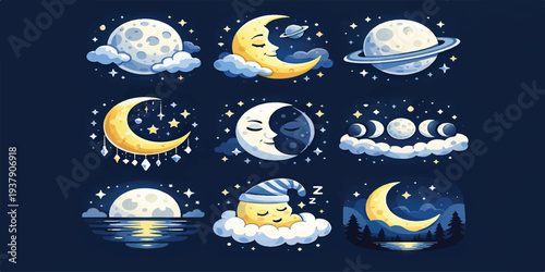 Cute Cartoon Moon and Night Sky Icon Set with Crescent Moon, Clouds and Stars – Dreamy Bedtime Astronomy Illustration.