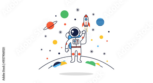 Astronaut standing on planet surrounded by stars, planets, and spaceships in a whimsical space scene illustration