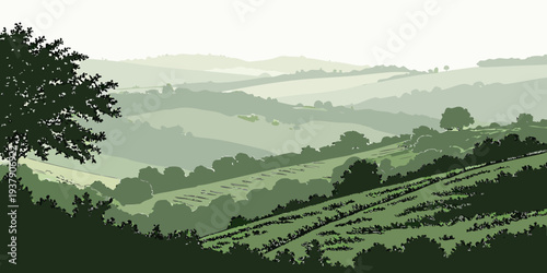 A serene landscape of rolling green hills and a winding river under a cloudy sky Vector