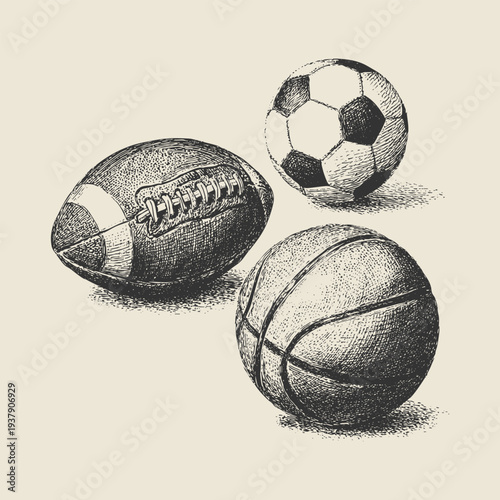 Soccer, basketball, and rugby balls hand-drawn illustration set in urban ink sketch style featuring street sports aesthetics. Perfect for sports branding, athletic posters, and street culture graphics