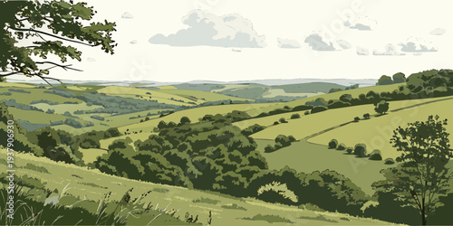 A panoramic view of a lush green valley with rolling hills and a clear blue sky. Vector