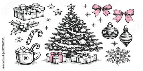 Hand Drawn Christmas Doodle Set with Decorated Tree, Gift Boxes, Snowflakes and Holiday Ornaments – Festive Winter Illustration Collection.