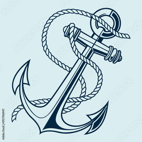 Intricate blue and white illustration of a ship anchor with a rope Vector