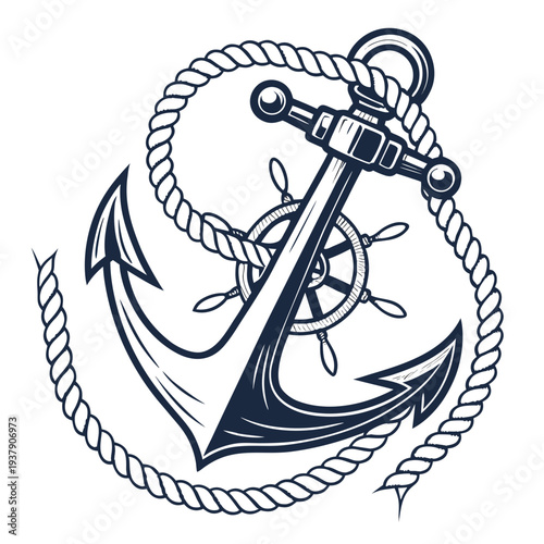 A detailed illustration of a nautical anchor with a rope coiled around it Vector