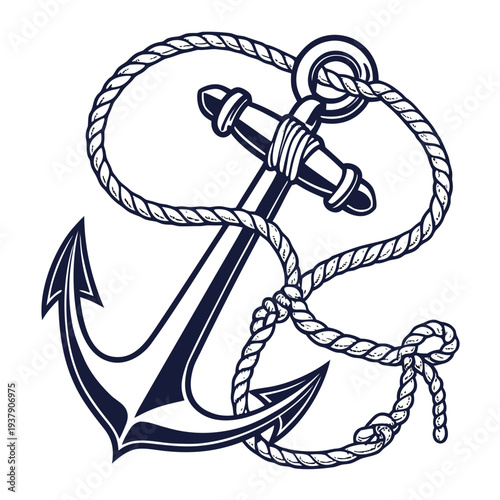 Intricate blue and white anchor illustration with detailed rope design. Vector