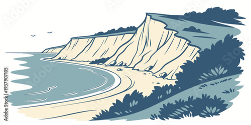 A serene coastal landscape with a winding river and majestic mountains in the distance Vector