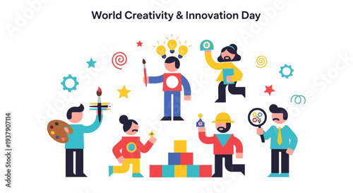 Creative team celebrating World Creativity and Innovation Day with colorful illustrations and collaborative activities