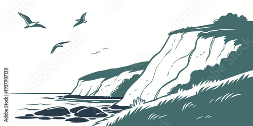 Birds flying over a rugged coastline with steep cliffs and crashing waves Vector