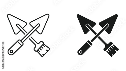 Construction Tools Icon: Crossed Trowel and Brush, Line Art and Solid Fill