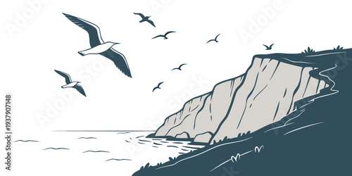 Birds flying over a rocky coastline with crashing waves Vector