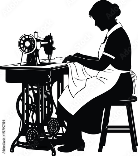 Black Silhouette of a Woman Seamstress Sitting on a Stool and Working at a Vintage Manual Sewing Machine Isolated on White Background for Tailoring Design