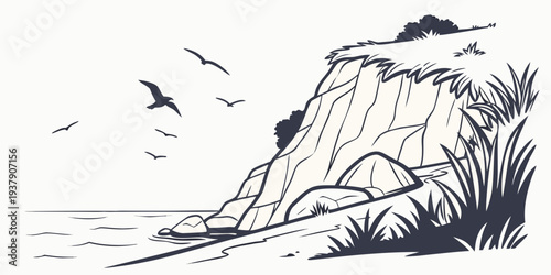 Birds flying over a rocky cliff with a tree and a lake in the background Vector