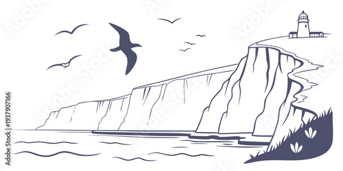 A serene seascape with a sailboat and birds flying over calm waters. Vector