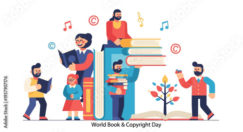 People enjoying reading and celebrating World Book and Copyright Day surrounded by colorful illustrations and music notes
