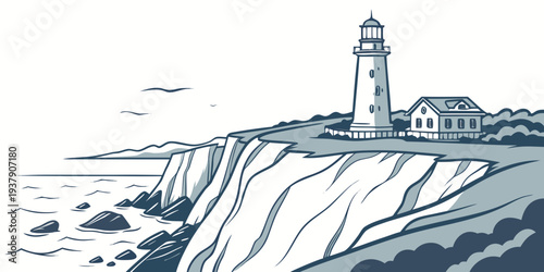 A serene lighthouse standing tall on a rocky cliff overlooking the vast ocean Vector
