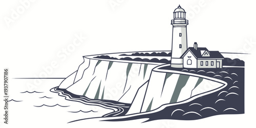 A solitary lighthouse stands tall on a rocky cliff, overlooking the vast ocean. Vector