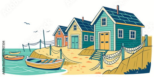 A picturesque coastal village with charming houses and a serene beach Vector