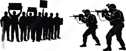 Black Silhouette of Military Soldiers with Rifles Facing a Group of Protesters Holding Signs and Banners Isolated on White Background for Civil Unrest and Conflict Design