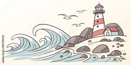 A serene lighthouse standing tall amidst crashing waves on a stormy sea. Vector