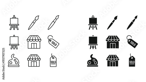 Art Icons: Easel, Paintbrush, Storefront, Palette, Sold Tag - Line and Solid Styles